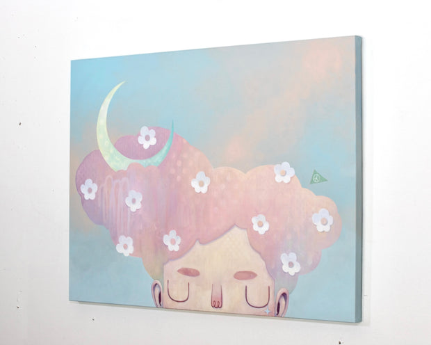 Illustration of a character with cloud-like hair and flowers within in. A crescent mon is in its hair, the subject set against a soft blue background.