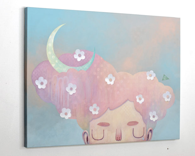 Illustration of a character with cloud-like hair and flowers within in. A crescent mon is in its hair, the subject set against a soft blue background.