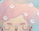 Illustration of a character with cloud-like hair and flowers within in. A crescent mon is in its hair, the subject set against a soft blue background.