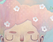 Illustration of a character with cloud-like hair and flowers within in. A crescent mon is in its hair, the subject set against a soft blue background.
