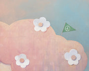 Illustration of a character with cloud-like hair and flowers within in. A crescent mon is in its hair, the subject set against a soft blue background.