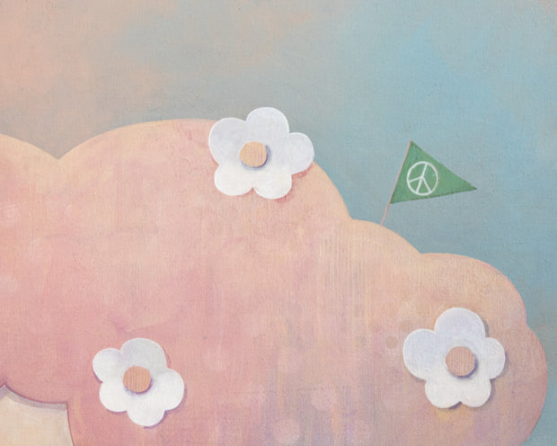 Illustration of a character with cloud-like hair and flowers within in. A crescent mon is in its hair, the subject set against a soft blue background.