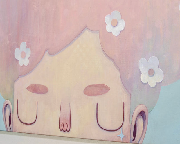 Illustration of a character with cloud-like hair and flowers within in. A crescent mon is in its hair, the subject set against a soft blue background.