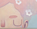 Illustration of a character with cloud-like hair and flowers within in. A crescent mon is in its hair, the subject set against a soft blue background. Close up.