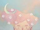 Illustration of a character with cloud-like hair and flowers within in. A crescent mon is in its hair, the subject set against a soft blue background.