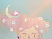 Illustration of a character with cloud-like hair and flowers within in. A crescent mon is in its hair, the subject set against a soft blue background.