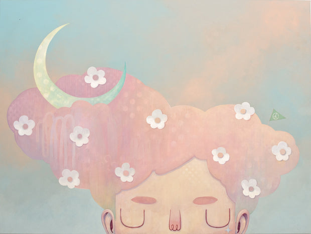 Illustration of a character with cloud-like hair and flowers within in. A crescent mon is in its hair, the subject set against a soft blue background.
