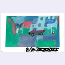 Semi abstract painting of a road with a red truck driving down it.