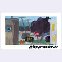 An abstract landscape painting on a white paper background, depicting a street scene with a brown building, dark trees, a red mailbox, and a signature in black ink at the bottom.