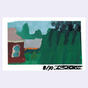 An abstract landscape painting on a white square card, featuring a reddish-brown house with a turquoise window, a light blue sky, green trees, and dark green shadows, with a black signature and '8/30' written at the bottom.