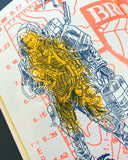 Illustration of a robot on a text-style background