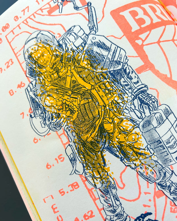 Illustration of a robot on a text-style background