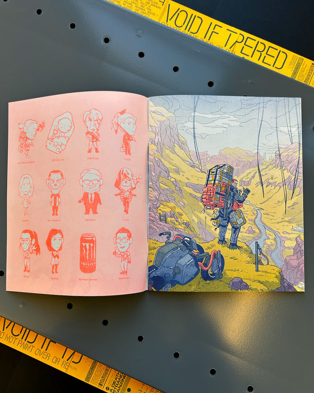 Open book with illustrations on a dark surface