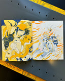 Open book with colorful illustrations on a dark surface