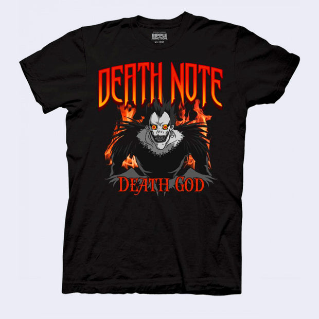 Black t-shirt featuring a graphic of Ryuk from Death Note, perched over flames. "Death Note" is written in a fiery gradient and below in red is "Death God"