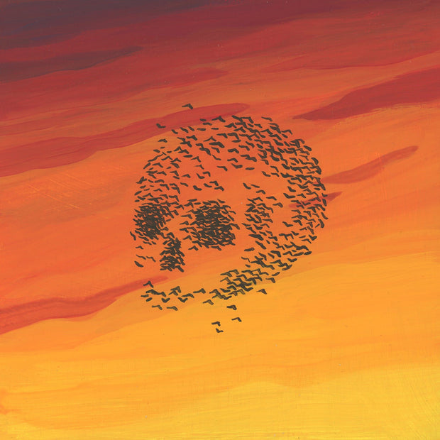 Painting of a bright orange to yellow sunset, with many birds flying in a group and creating a skull pattern.