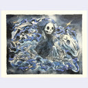 Artistic illustration of a skeleton and horse skeleton with blue and black abstract design