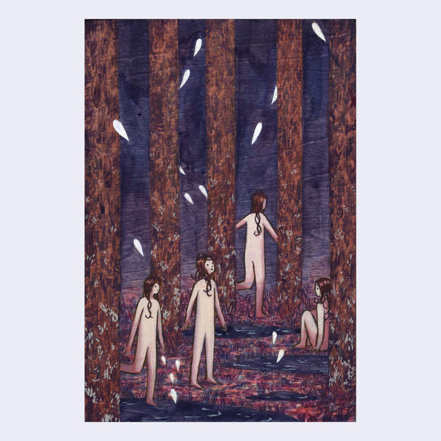 Painting, done in a palette of mostly purples and browns, of 4 nude girls walking around an open forest, They have long wavy hair. Small white wisps fly around them throughout the forest. 
