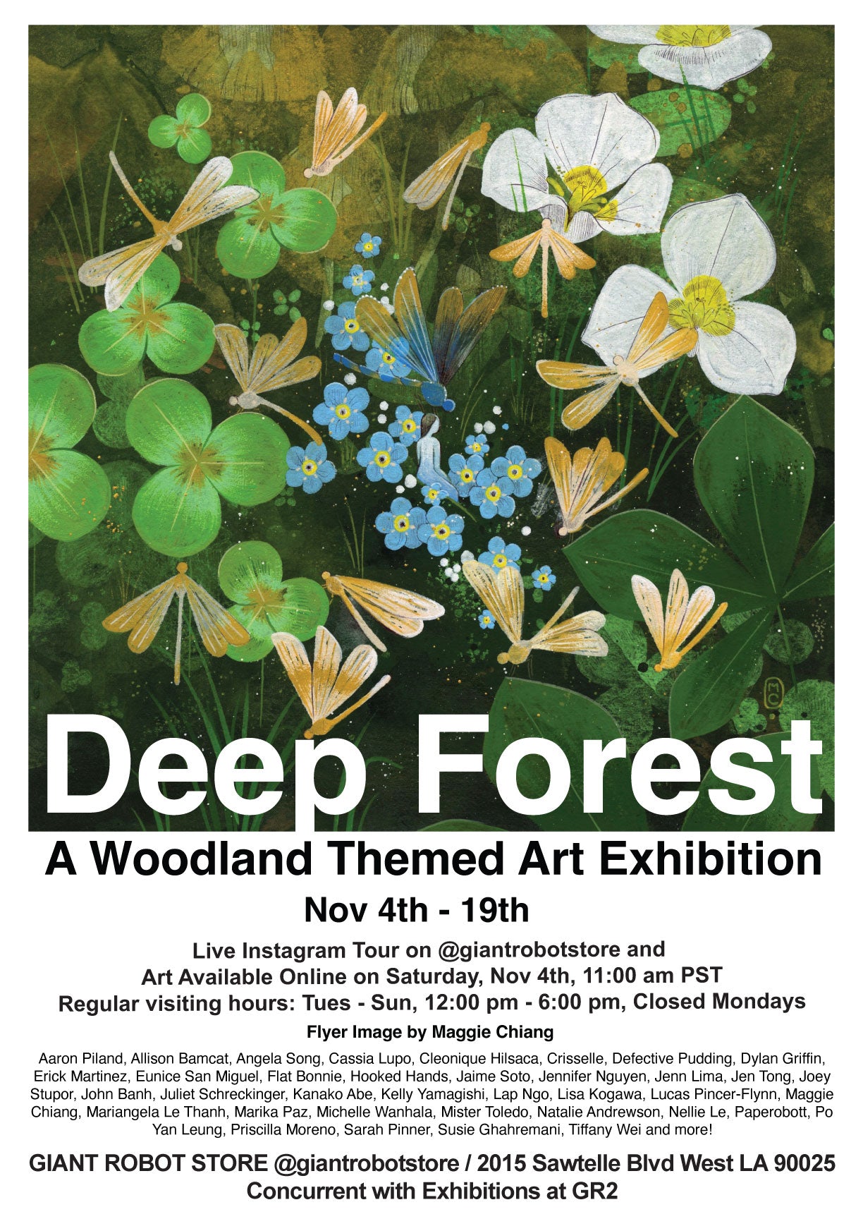 Art show poster for Deep Forest, a woodland themed art exhibition at Giant Robot Store.