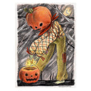 Illustration of a person with a pumpkin head dressed like a scarecrow and a jack-o'-lantern, set against a dark background.