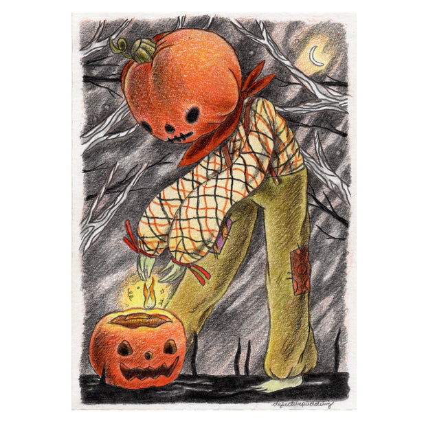 Illustration of a person with a pumpkin head dressed like a scarecrow and a jack-o'-lantern, set against a dark background.