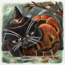 Illustration of a black cat wearing a witch hat laying inside of a jack-o'-lantern, which floats atop of a lake.