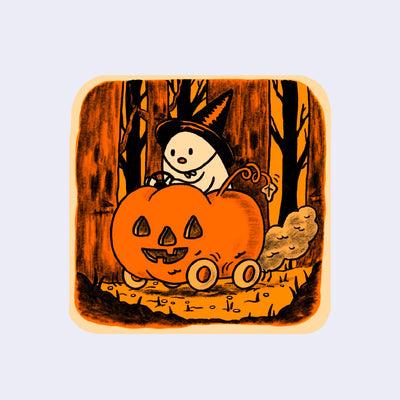 Square sticker with rounded edges of a cartoon ghost riding in Jack O Lantern car, through a forest. Coloring is all orange, with black outlines and shadows, and a white ghost.