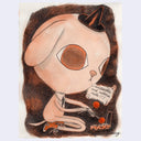 Whimsical sepia toned drawing of a cartoon dog with a large head, sitting and playing a tiny xylaphone. 