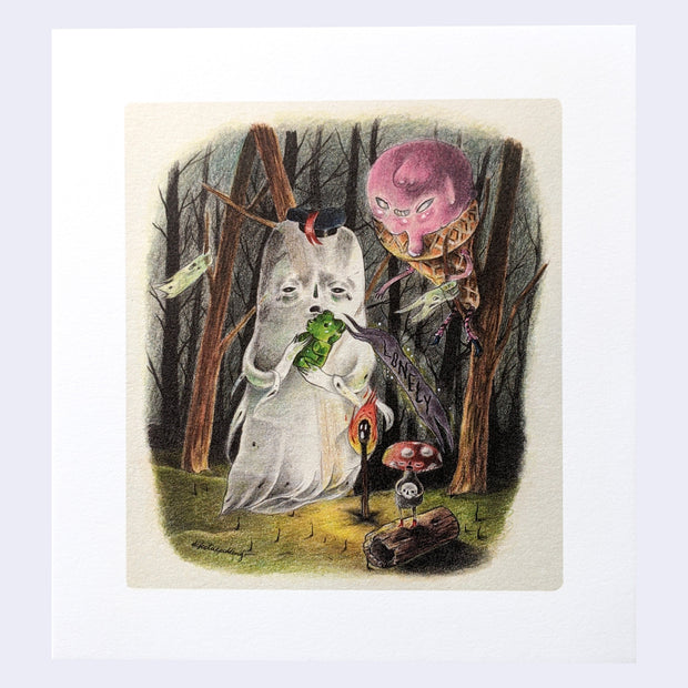 Illustration of a tired looking ghost wearing a sailor's hat, holding a large green gummy bear. A matchstick, a mushroom and a large ice cream cone are nearby and look on menacingly. They are in a dark forest setting.