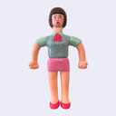 Vinyl figure of a tall woman dressed like an office worker in a pink skirt, gray shirt, gray vest and pink neck scarf tie. She has a short brown bob haircut.
