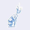 Blue ink drawing of a small frog creature holding a staff with a steaming tea kettle hanging off of it.