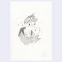 Graphite illustration of a boy with a hat, backpack and glasses standing with arms crossed.