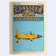 Book cover, mostly cream with decorative writing of the title. An illustration of a old school yellow plane flying with only 2 passengers through a solid blue sky.