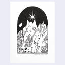 Black and white illustration of a cat-like creature carrying a sword in a body strap with a star above.