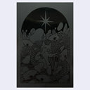 Black line art illustration on a black sticker of a cat sitting in a  pile of snakes, holding a sword.