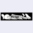 Long black sticker with a white illustration of a skeleton laying in the ground, its body half submerged in the dirt.