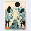 Illustration of a cat character with a bandaged hand holding a thin sword and laying in plants, with candles at either side of its feet.
