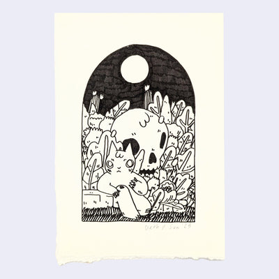 Black marker illustration on cream colored paper of a humanoid cat, sitting in bushes with a very large skull under the moon.