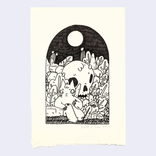 Black marker illustration on cream colored paper of a humanoid cat, sitting in bushes with a very large skull under the moon.
