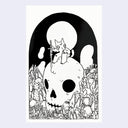 Black and white illustration of a cat with a sword on a skull, surrounded by plants, against a light purple background.
