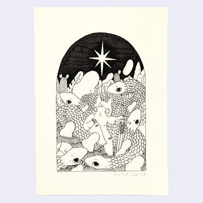Black marker illustration on cream colored paper of a humanoid cat, sitting amongst a pile of large snakes while holding a sword.