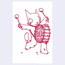 Red line drawing of a cat playing a drum with 'RAD' on it against a white background