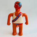 Toy figure with a red and blue sash on a white background