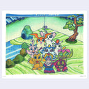 Illustration of several stylized characters from Digimon, standing in a zen garden with a bonsai tree in the background and a rock enclosed pond.