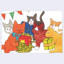 Illustration of six colorful cartoon cats with gift boxes on a white background