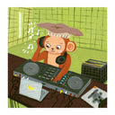 Illustration of a monkey DJing with headphones on a turntable in an all fluorescent green room.