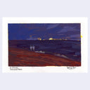 Artistic depiction of a beach scene with two figures walking, under a dark sky.