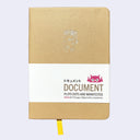 Grayish yellow pleather covered sketchbook with a small embossment of a robot carrying a flag that reads "Giant Robot" in the upper center. Paper sleeve reads "Document Plots Dots and Manifestos."