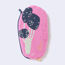 Oval shaped bright pink fabric pouch with navy blue zipper and imagery of a beige tree with navy blue rounded bunches of leaves.