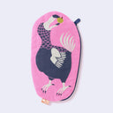 Oval shaped bright pink fabric pouch with navy blue zipper and imagery of a Dodo bird on the front, eating a green apple in its beak.